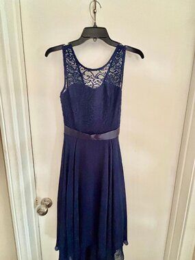 Berry Love Dress Lace Sweetheart Illusion Tie Waist Full Flowy Tapered Blue S